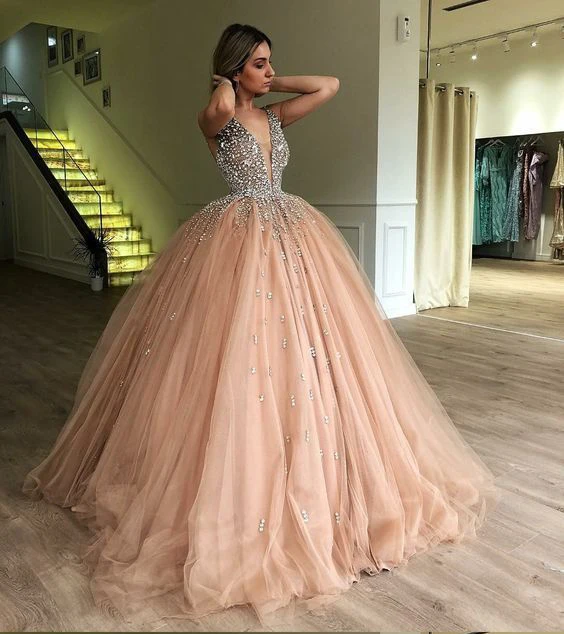 Vestido de baile de quinceañera dorado con diamantes de imitación, elegante, de tul, con cuello en V, 2018