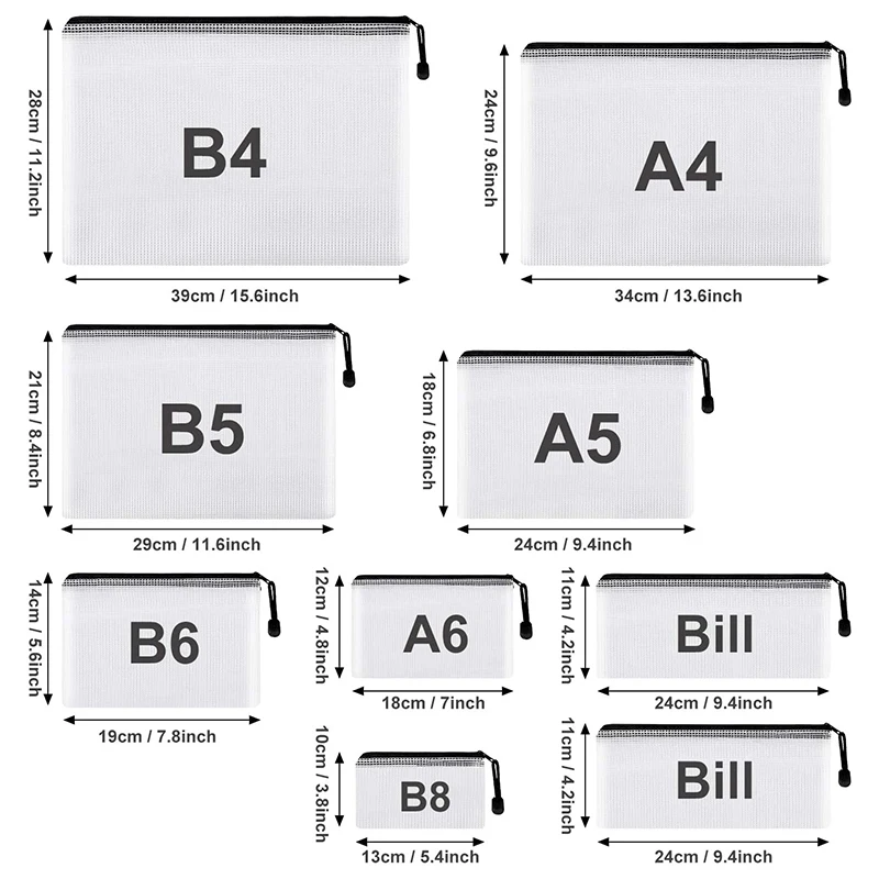 NEW-18Pcs Mesh torebka na suwak aktówka, 8 różne rozmiary, wodoodporny plastikowy zamek błyskawiczny teczki na dokumenty, uniwersalny do biura, domu