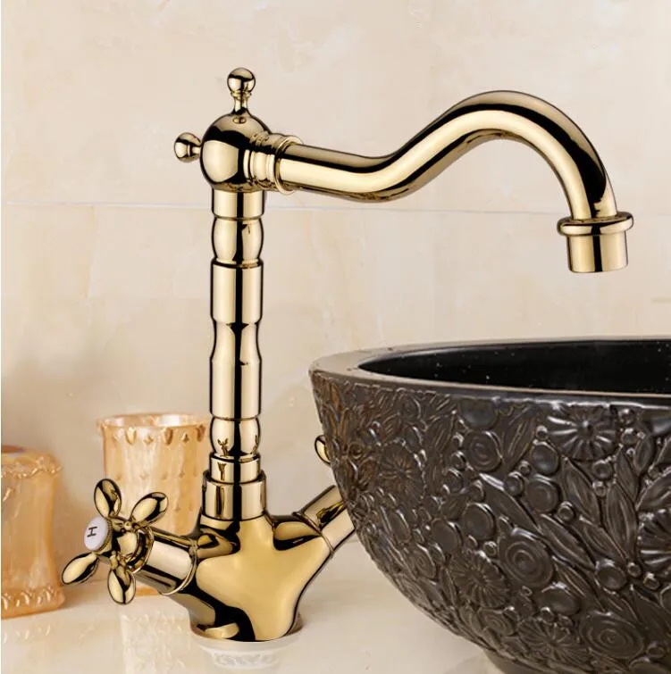 

Vidric Basin Faucet Gold Brass Crane Bathroom Sink Faucet 360 Degree Swivel Dual Handle Kitchen Washbasin Mixer Taps