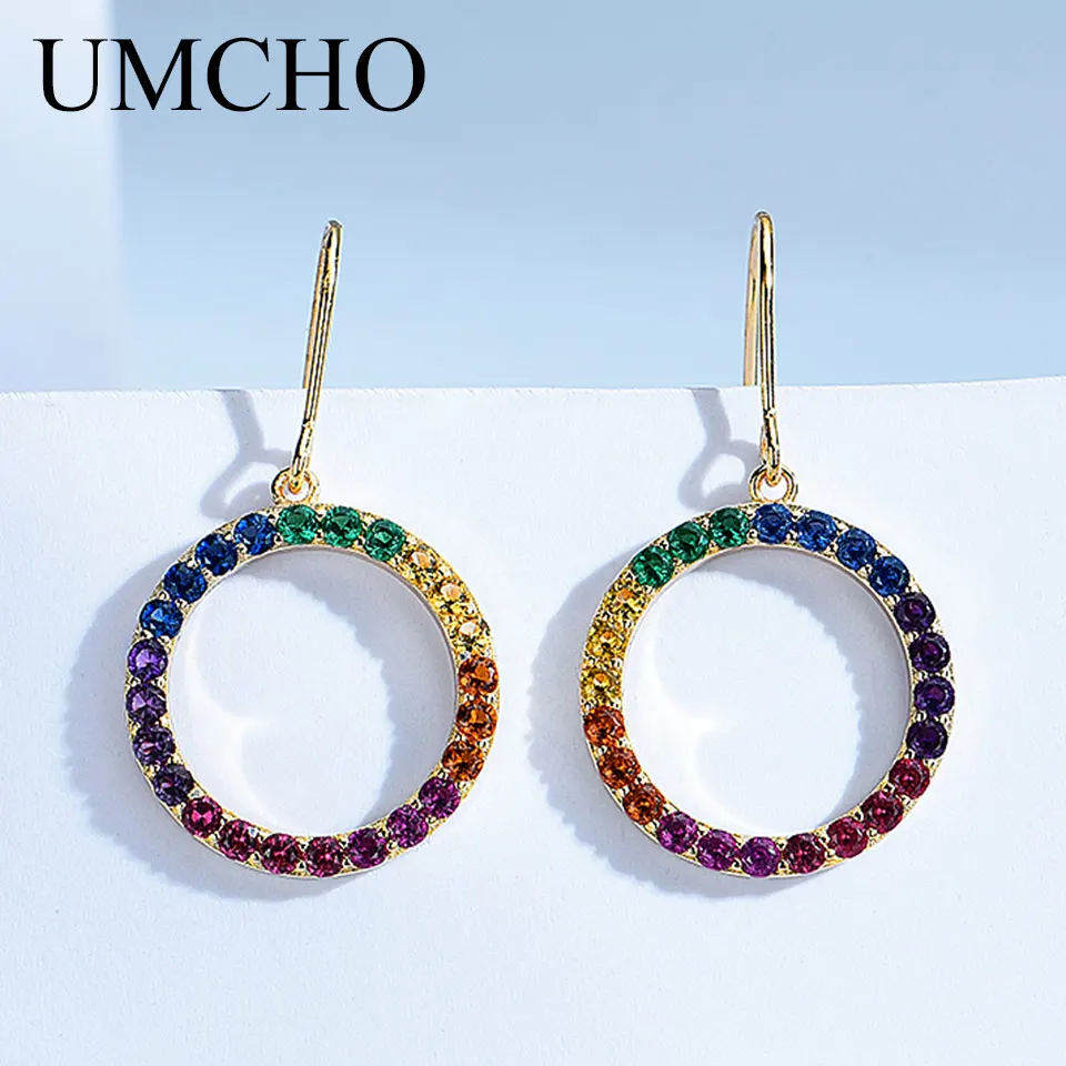 

925 Sterling Silver Drop Earrings Round Colorful Dangle Earrings Nano Stone Earring Plated Gold