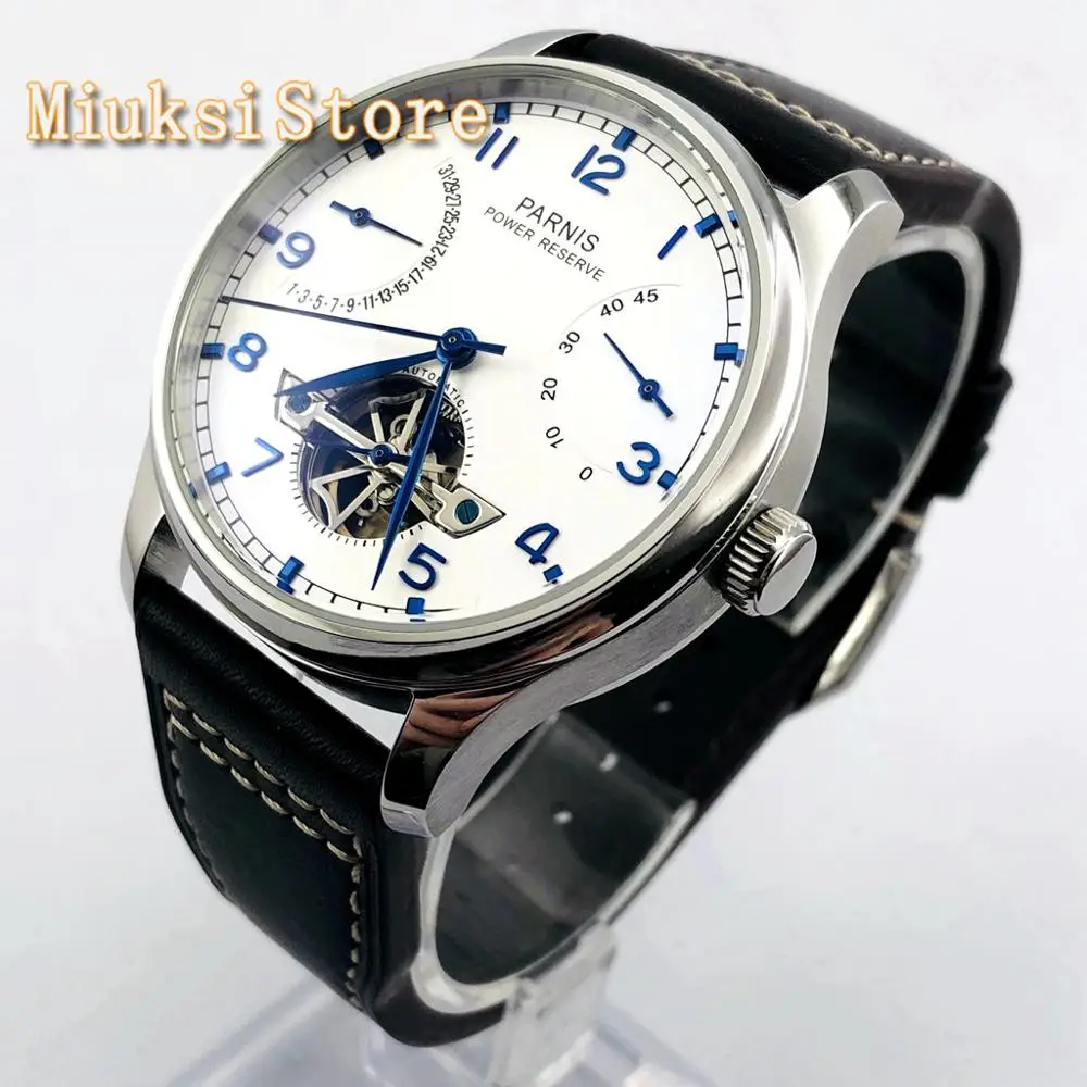 Parnis 43mm silver case date sea gull power reserve movement leather strap men\'s top casual automatic mechanical watch