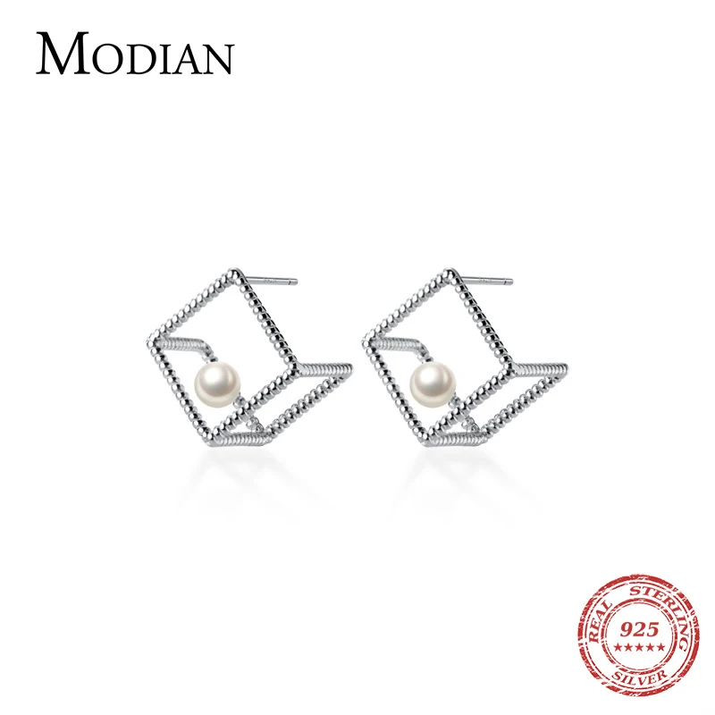 MODIAN Hollow Out Square Pearl Dangle Earring for Women Gift 925 Sterling Silver Geometric Drop Earring Korea Style Fine Jewelry