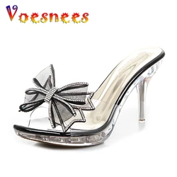 Voesnees Butterfly-knot Crystal Shoes Women Slippers Diamond Bowknot Sandals Clear High Heeled 9cm Women Mules Open Toe Slides