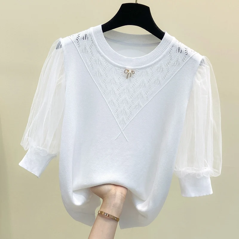 2022 New Summer Women Sweater O-Neck Solid color Lace sleeves Knitted pullover Short sleeve Female Casual Loose Jumper