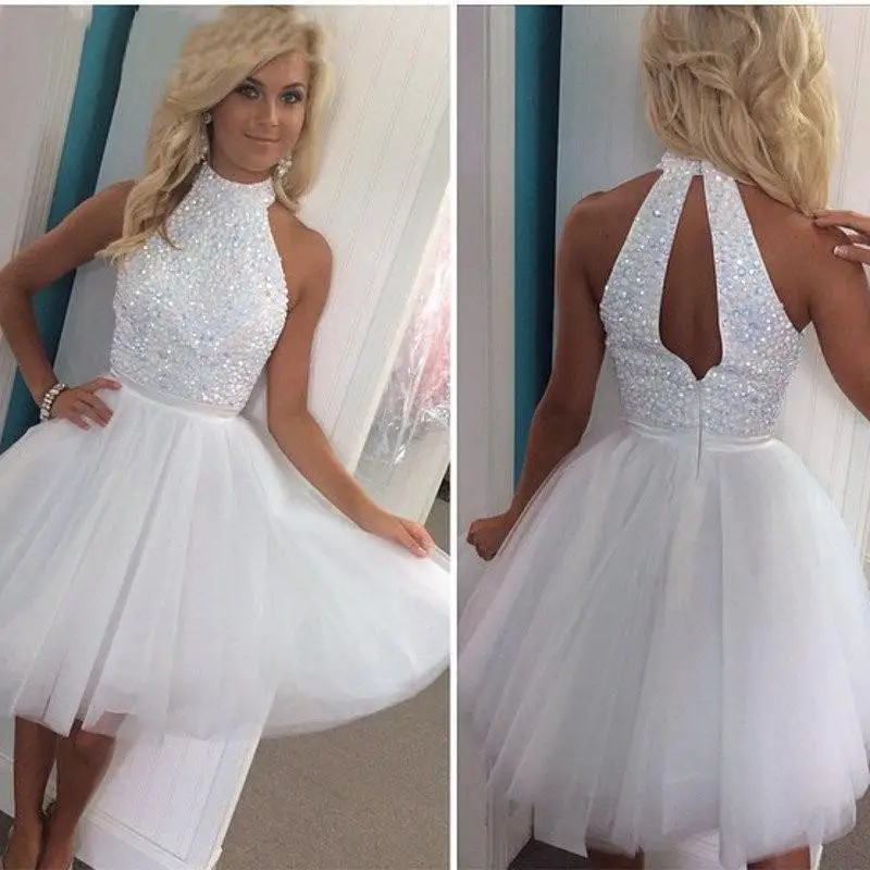 

Sparkly White Homecoming Dress 2021 A-Line Halter Sleeveless Sequined Beads Tulle Mini Above Knee Party Prom Gown Open Back