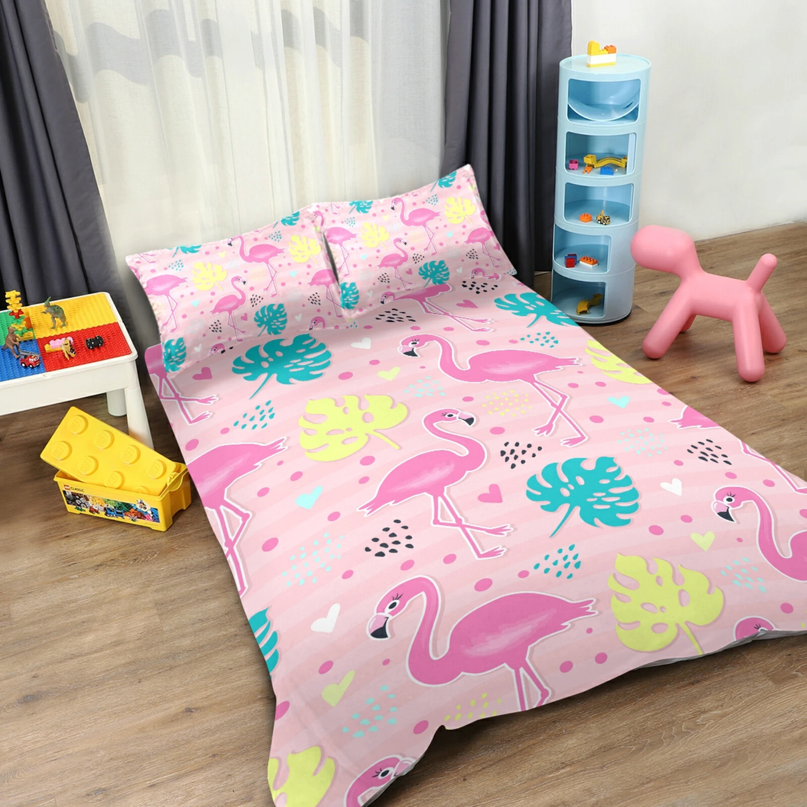 Juego de ropa de cama con flamenco 3D para niños, juego de funda de edredón rosa, manta para bebé, fundas de almohada, juego de cama individual Doble