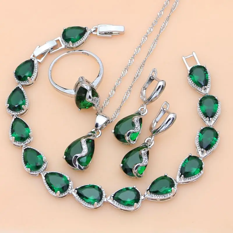 Luxury 925 Silver Jewelry Sets Natural Green Emerald White Crystal Drop Jewelry Sets Women Anniversary Dropshipping