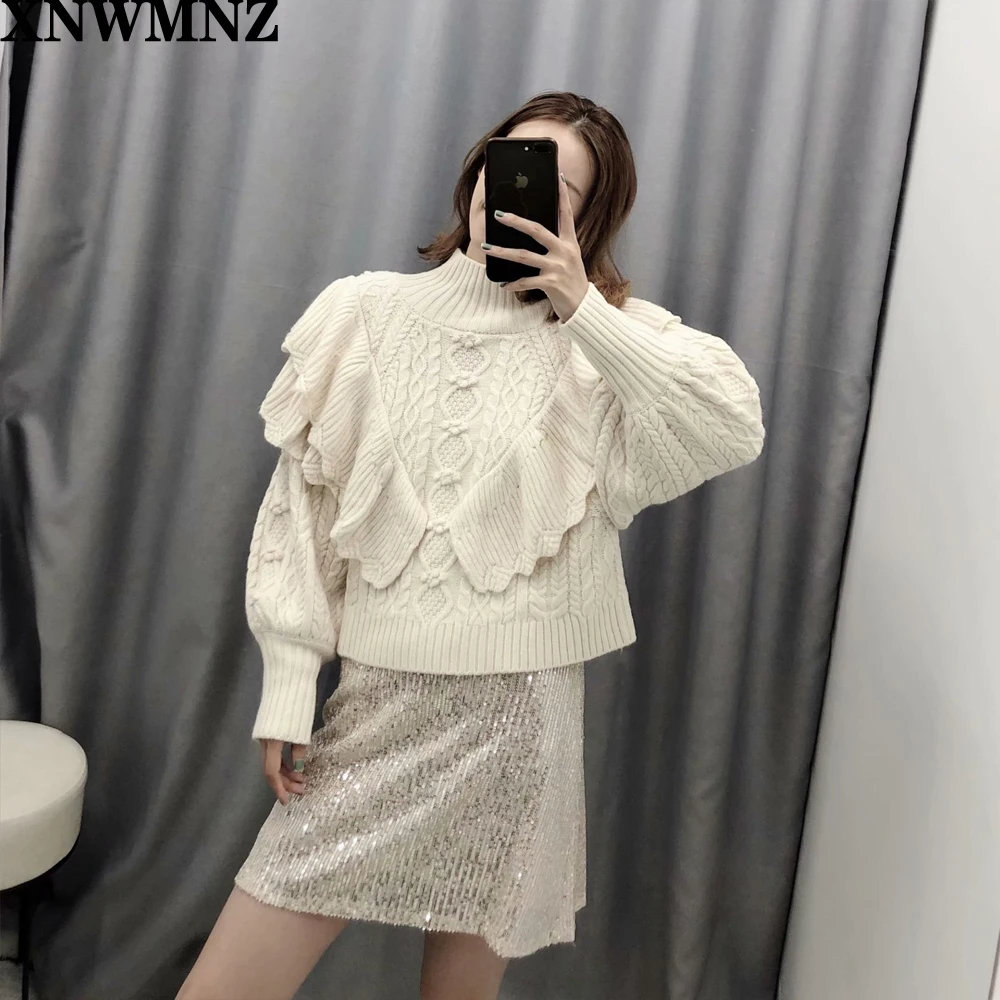 XNWMNZ 2024 Women Fashion Ruffled Cropped Knitted Sweater Vintage High Neck Lantern Sleeve Female Pullovers Chic Tops