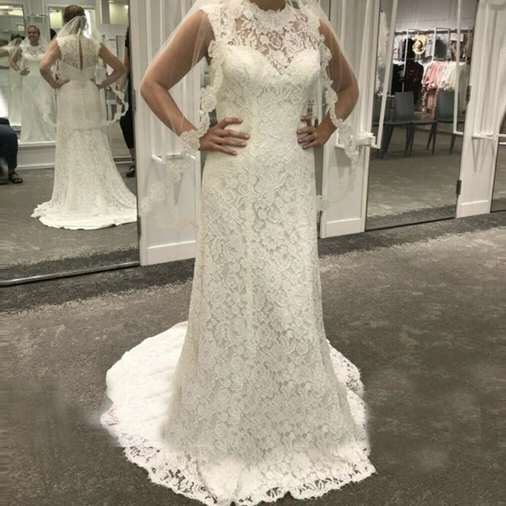 

Elegant Full Lace Mermaid Wedding Dresses Sleevesless O Neck Back Keyhole Sweep Train Bridal Gowns vestidos de fiesta платье