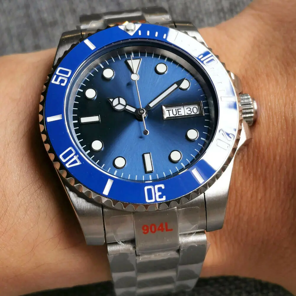 NH36A Movement Blue Sunburst Dial Stainless Steel Automatic Men's Watch Sapphire Glass Weekday Date Display Window Ceramic Bezel