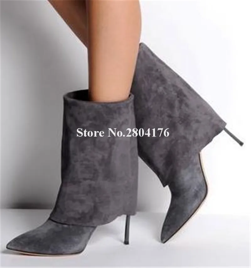 

Newest Women Pointed Toe Suede Leather Metal Stiletto Heel Short Boots Grey Black Folded High Heel Ankle Booties Club Shoes