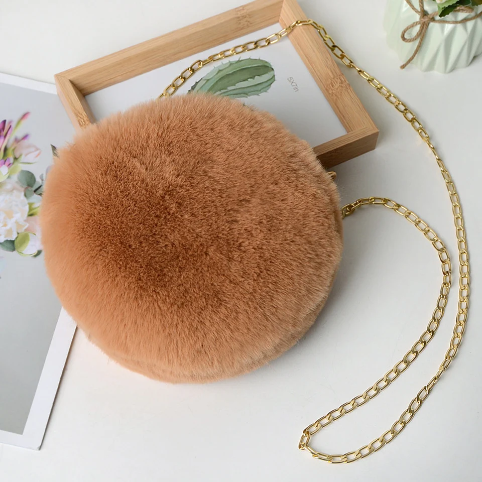 Round-Shaped Chain Shoulder Bags For Women Winter Soft Faux Fur Solid Color Crossbody Bag Messenger Bags Purse Mini Handbags Sac