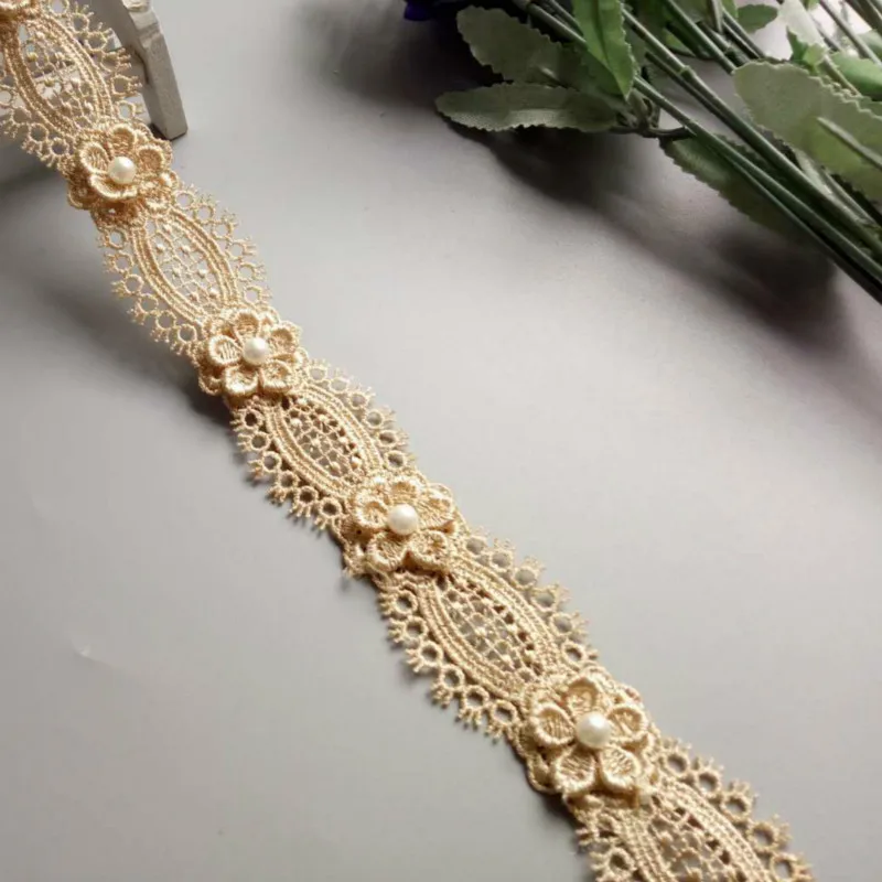 2 metri di tessuto ricamato in oro poliestere solubile perla fiore pizzo nastro fai da te cucito artigianale per la decorazione del cappello del costume