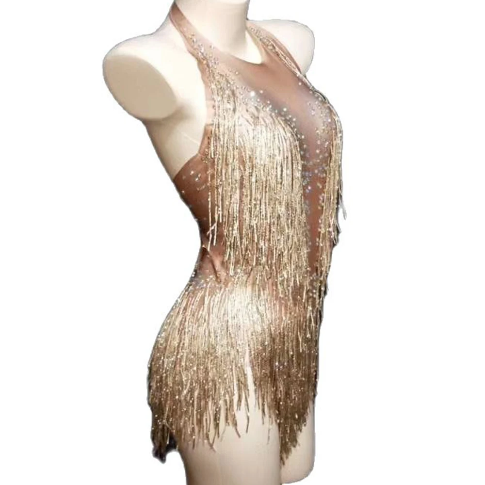 Gold Women Backless Sleeveless Bodycon Rhinestones Tassel Bodysuits Nightclub Dance Show Wear Women Party Evening Costume