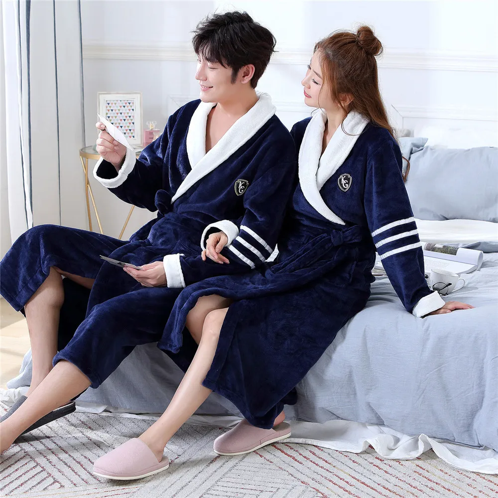 Winter Flannel Lovers Robe Gown Elegant Solid Casual Sleepwear Nightgown Keep Warm Men And Women Bathrobe Gown Homwear Pajamas