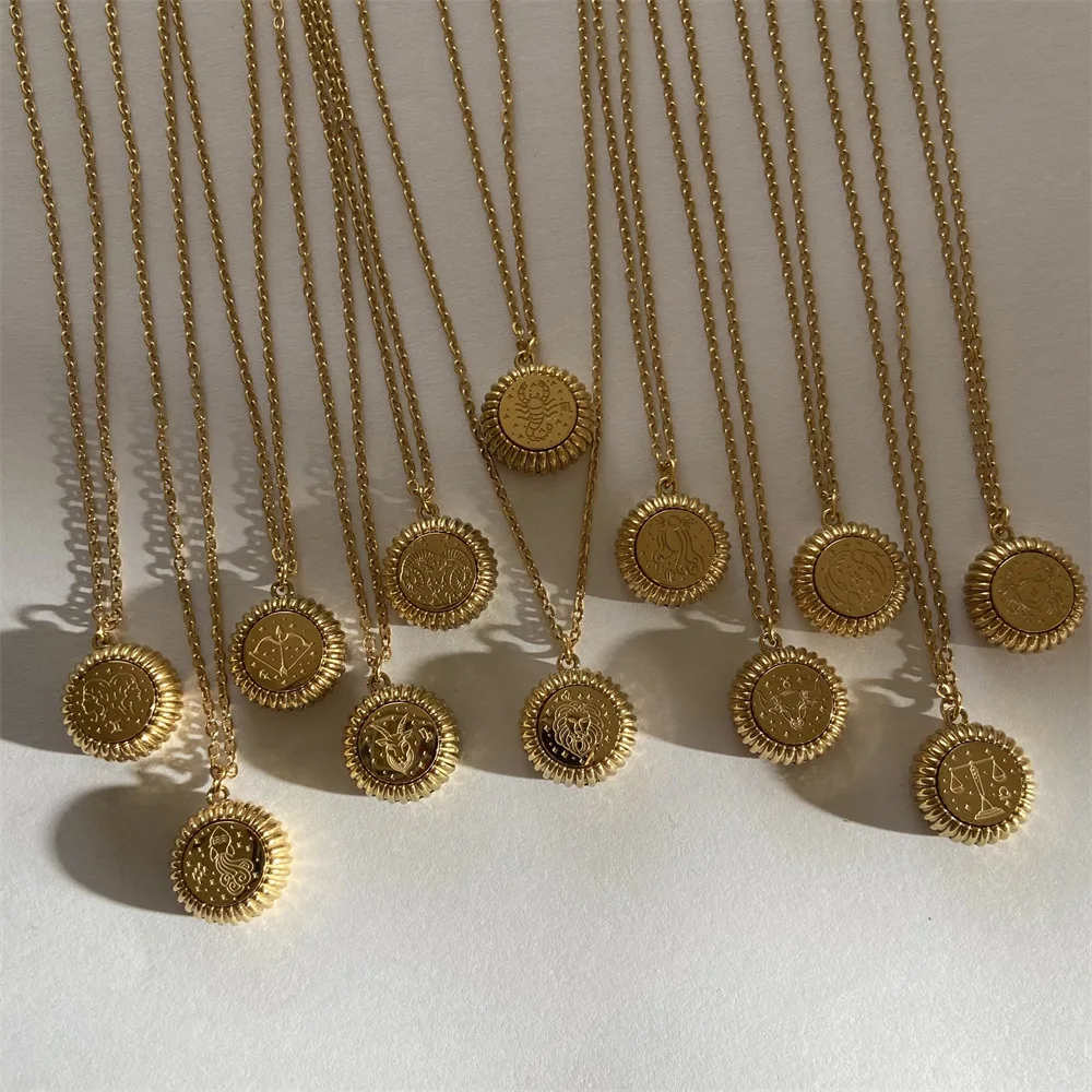 2022 Vintage Zodiac Necklace For Women Round Gold Stainless Steel Constellation Necklace Sagittarius Virgo Aquarius Jewelry Gift