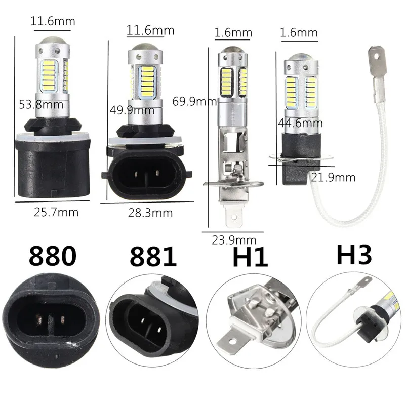 CBS ABTO 2pcs Auto Car Light LED Headlights 4014 LED H27 880 881 H1 H3 Headlamp Bulb Fog Light 6000K 12V Car Styling