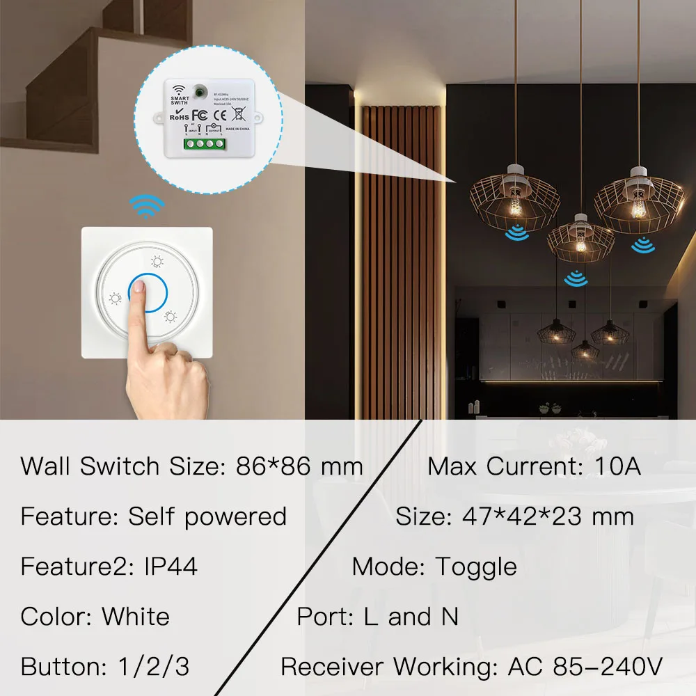 Interruttore intelligente senza fili da 433MHz interruttore a parete a pulsante autoalimentato impermeabile interruttore a parete per telecomando