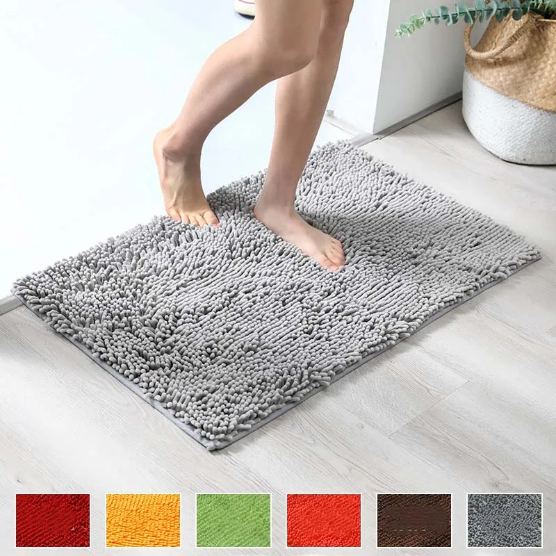 Solid Color Soft Plush Chenille Non Slip Bathroom Bath Mat  Water Absorption Floor Door Mat Toilet Rug Home Decoration Carpet