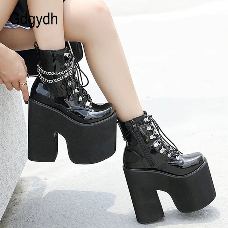 Gdgydh Nightclub Stage Ankle Booties Women Extreme Thick Platform Heel Gothic Punk Shoes Girls Sexy Chain Party Boots Chunky