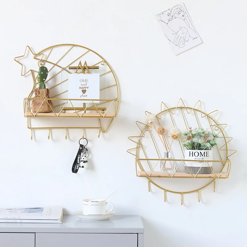 Gold Iron And Wooden Storage Basket With Hook Nordic Key Holder Wall Hanging Hanger Home Decoration Accessories For Living Room