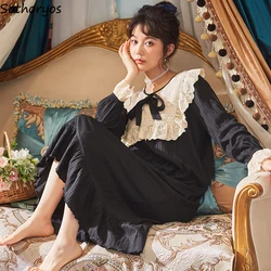 Plus Size M-5XL Long Sleeve Nightgowns Women Elegant Tender Lace Cute Bow Patchwork Soft Nightdress Sleepwear Retro French Girls