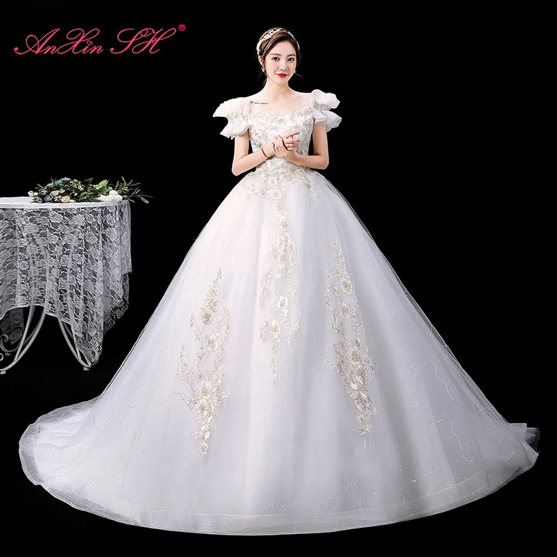 AnXin SH princess flower white party vintage boat neck ruffles sleeve beading bride white sparkly customized wedding dress