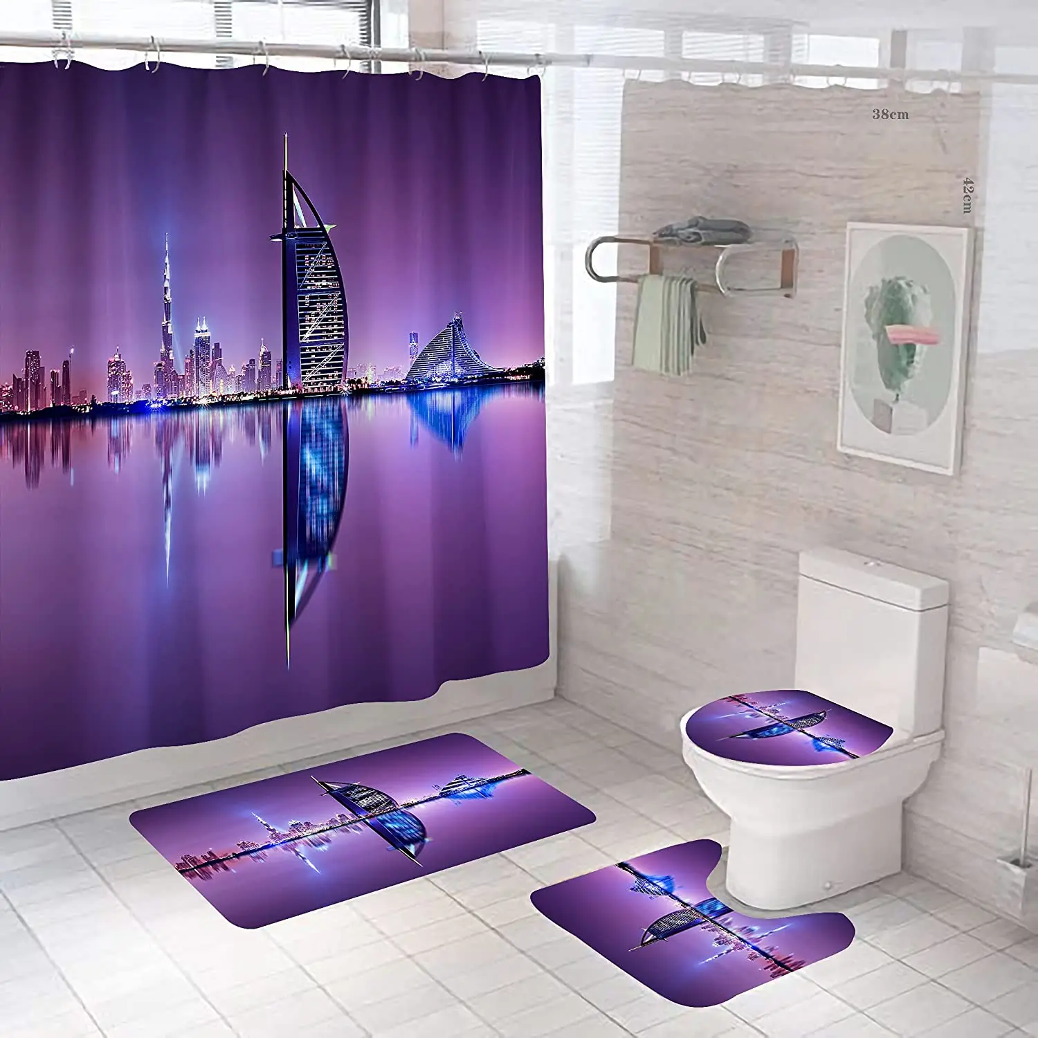 City Landscape Of Dubai Bathroom Sets With Shower Curtain And Rugs And Accessories Purple Shower Curtain Sets