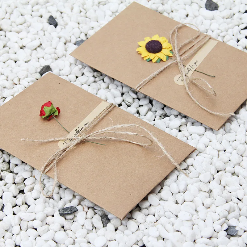 10pcs Retro Kraft Paper DIY Dried Flower Greeting Card Wedding Invitation Handwritten Blessing Birthday Thank You Envelope