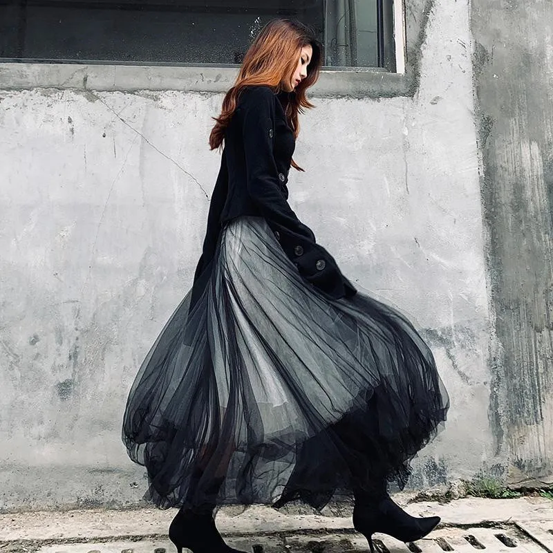 Maxi Long Luxury Soft Tulle Skirt Lace stitching Gothic White Black Pleated Tutu Skirts Womens Vintage Petticoat lange rok jupes