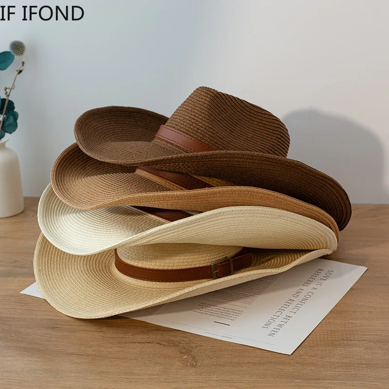 New Design Natural Paper Western Cowboy Hat 13CM Big Wide Brim Women Men Summer Beach Straw Hats Panama Cowgirl Jazz Sun Caps