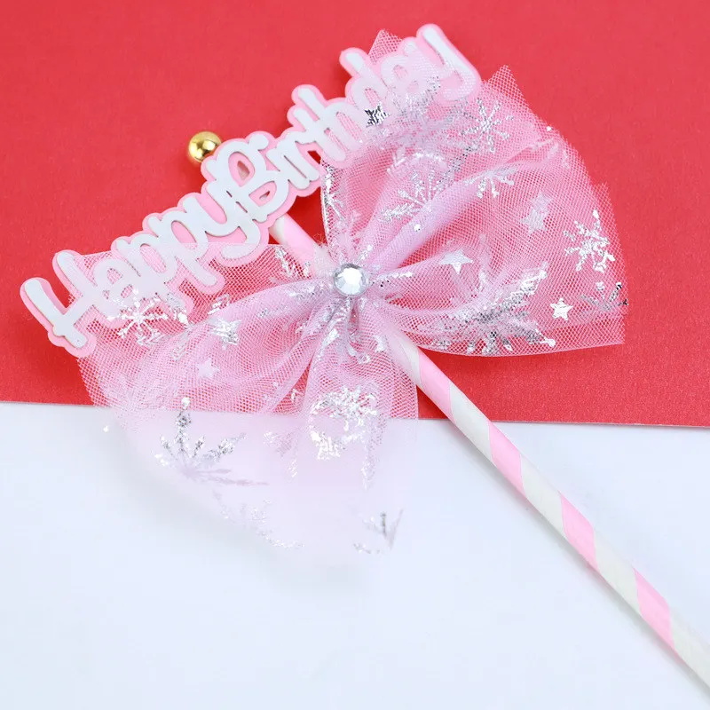 Bow cake topper Soft pompon wedding Cake Toppers Happy Birthday Party Cake Top Flags Wedding/Baby shower cake topper decoration