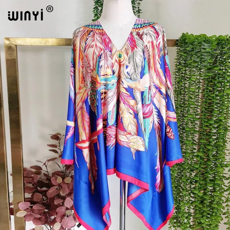 

New Printed Middle East 2021 Silk Bohemian summer Beach top clothes Batwing Sleeve abaya Silk top dresses for women Bikini cover