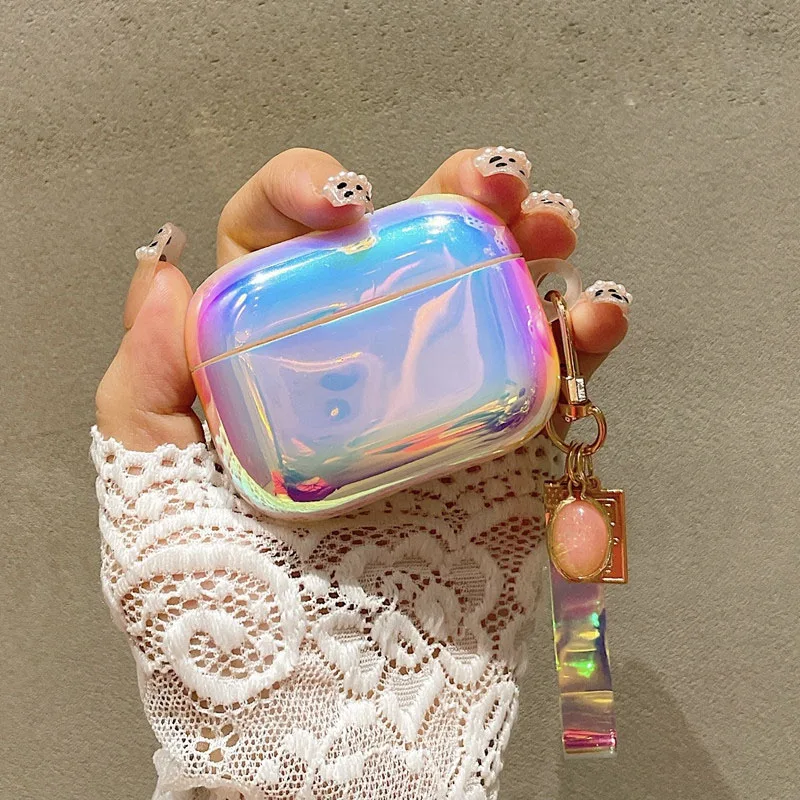Luksusowe Gradient Laser TPU miękkie słuchawki Case dla apple airpods pro 3 zestaw słuchawkowy pokrywa dla AirPods 2/1 Shell Box Pearl Gem Key Ring