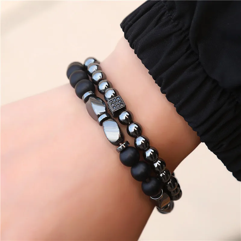 

Matte Hematite Stone Beads Bracelet Set 2Pcs/Sets Erkek Bileklik Jewelry Mens CZ charm Bracelets For Women Punk Pulseras Mujer