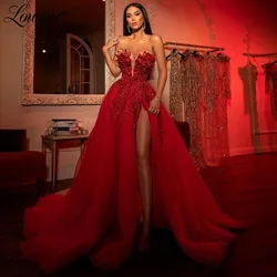 Arabic Long Prom Dresses Red Beaded A Line Evening Gowns 2021 High Split Side Sexy Celebrity Dress Custom Made Party Dress Robes