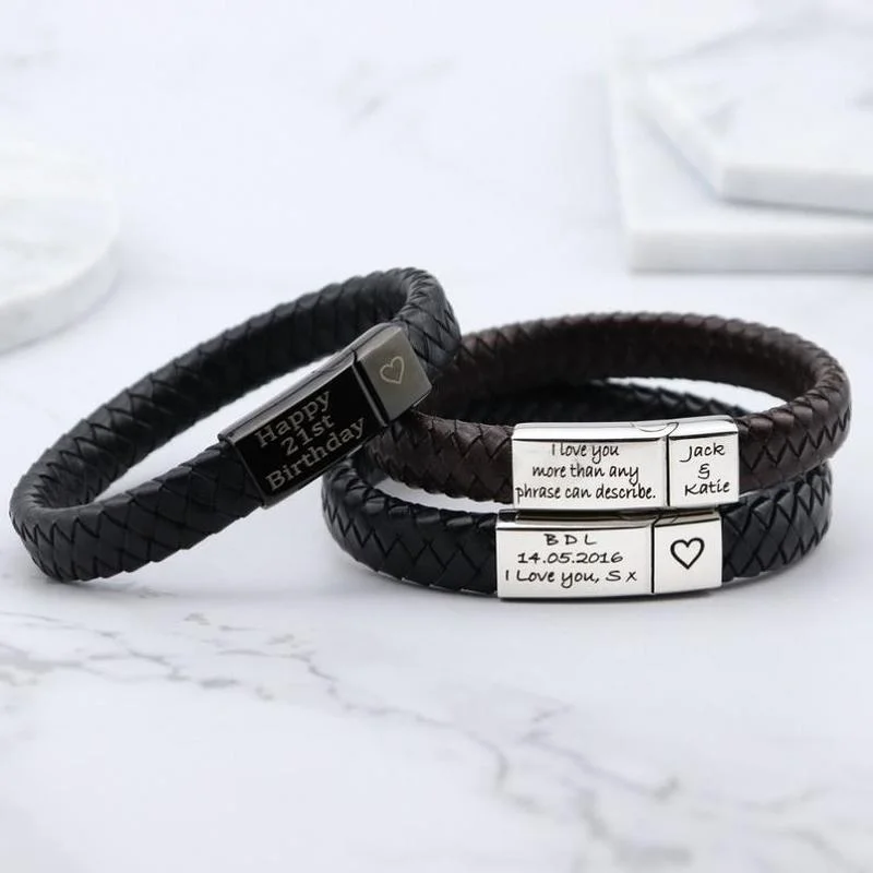 

Personalized Names Bracelet for Men Braided Leather Bangle Stainless Steel Magnet Jewelry Custom Family Name Bracelets Gifts