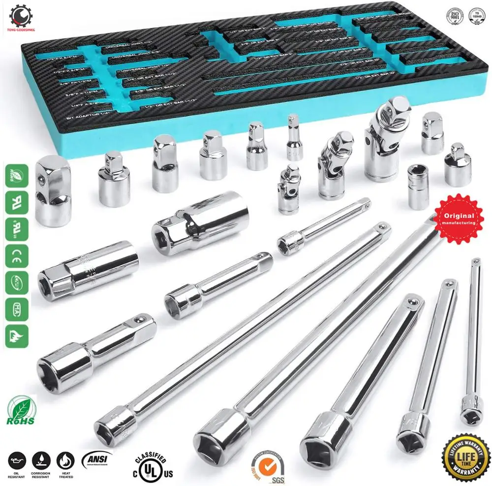 Drive Tool Accessory Set,CR-V Steel with Mirror Finish,1/4'',3/8'',1/2'' Drive,Adapters,Extensions,Universal Joints and Impact