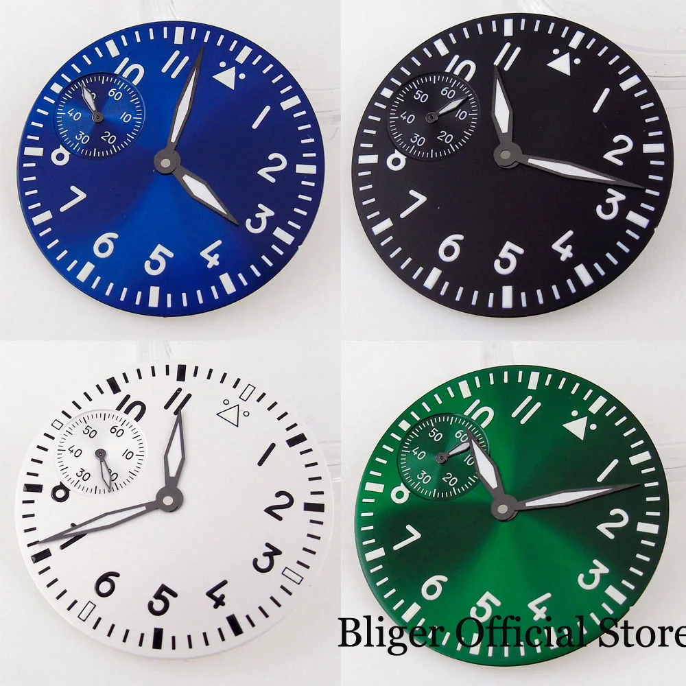 Luminous fit ETA 6497 ST 3600 Mechanical 37MM Watch Dial Sunburst Blue/Green Dial Black Edge Hand Set