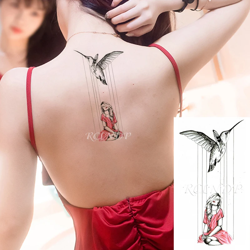 Waterproof Temporary Tattoo Sticker Hummingbird Bird Sexy Red -skirt Girl Line Element Fake Tatoo Flash Tatto for Women Men