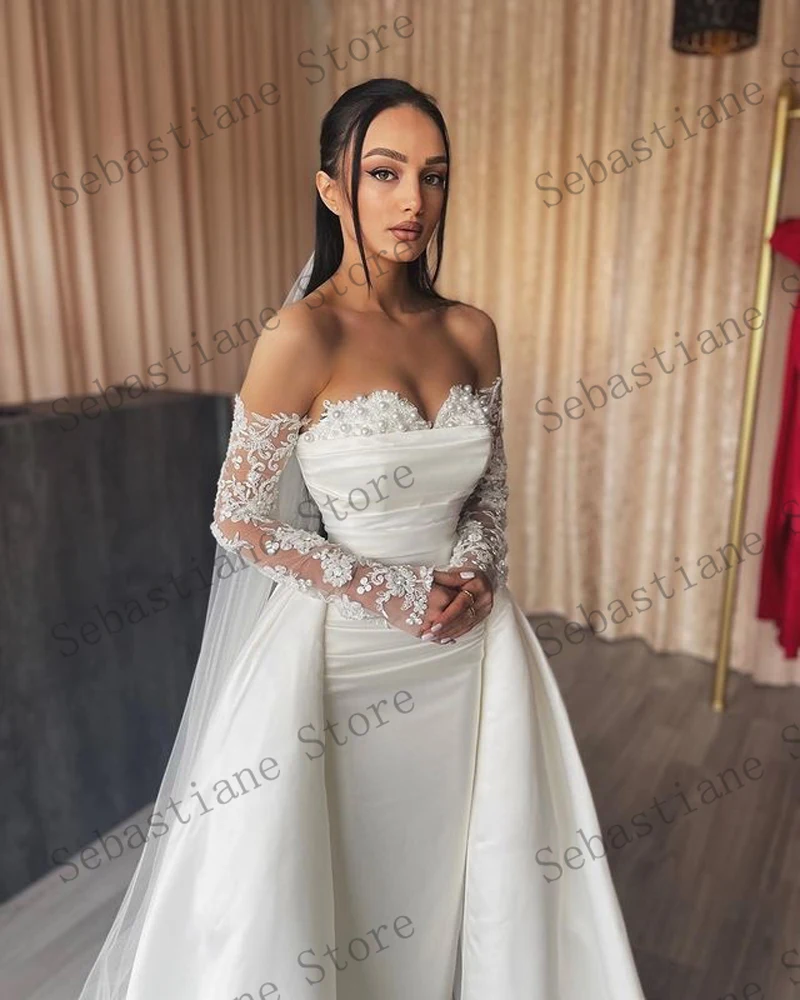 Gorgeous Pretty Wedding Dresses Strapless Lace Long Sleeves Beading Floor Length Women Elegant  Bridal Gowns Custom Made