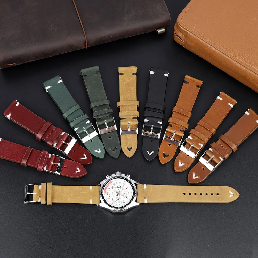 Cow Leather Watchband 18mm 20mm 22mm 24mm Retro Oil Wax Genuine Watch Straps Red Brown Handmade Stitching Strap Replacement Belt