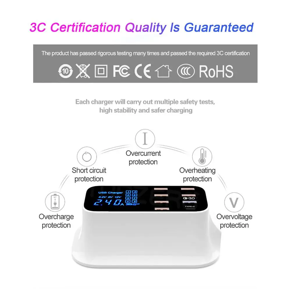 Imagem -04 - Usb Carregador Hub Multi Portas Inteligente Carga Rápida 3.0 tipo c Estação de Carregamento Usb Desktop Carregador Rápido Display Led Portas 8a 40w