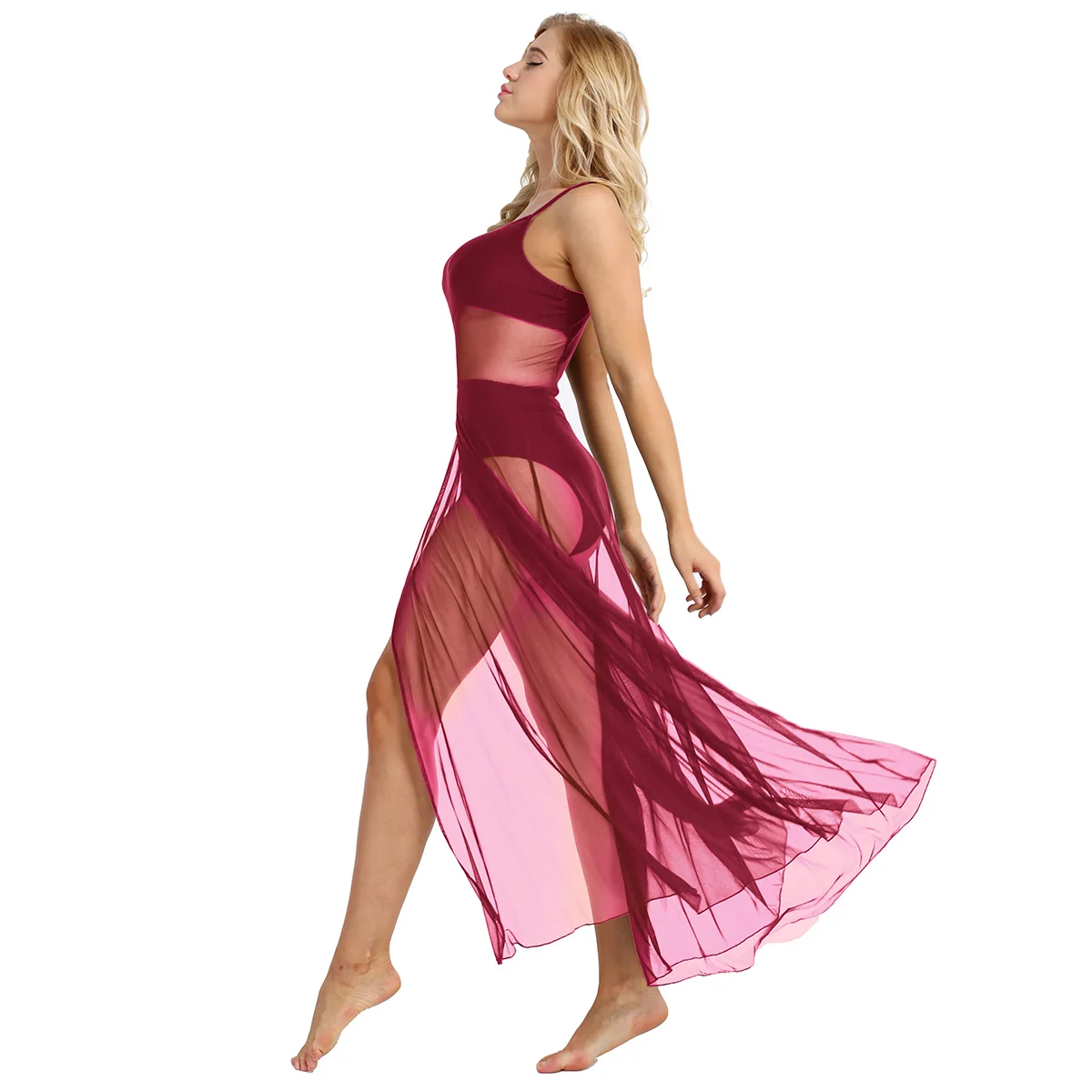 Women Modern Lyrical Dance Dress Sleeveless Sheer Mesh Ballet Gymnastics Leotard Split Maxi Overlay Contemporary Dancewear