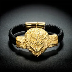 Bracelet for Men Black Color Leather Bracelets Punk Hiphop Rock Male Jewelry Stainless Steel Animal Buckle Bangle Men Gift