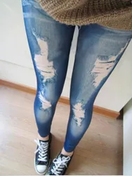 Neue Schwarz/Blau Leggings Frauen Fashions Zerstört Leggings Jeans Look Jeggings Stretch Dünne Laddy Jeans