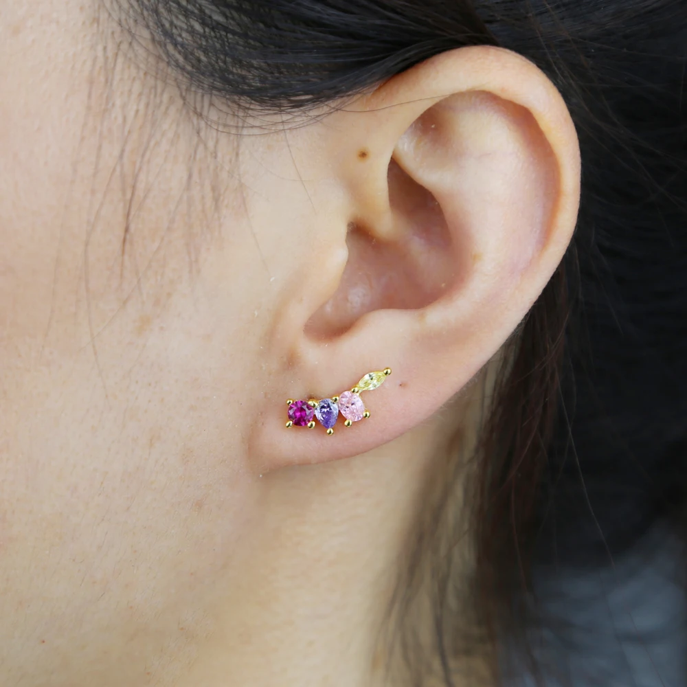 100% 925 Sterling Silver Rainbow Zircon CZ Paved Cute fancy stud Earring Round Piercing Climber European wedding Jewelry
