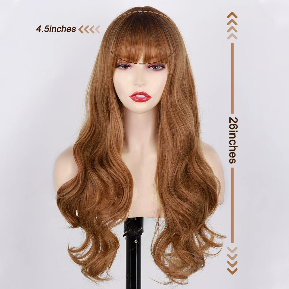 Long Synthetic brown wig with bangs light brown wavy wig long wave wig ladies gradient brown to golden wig long natural wave