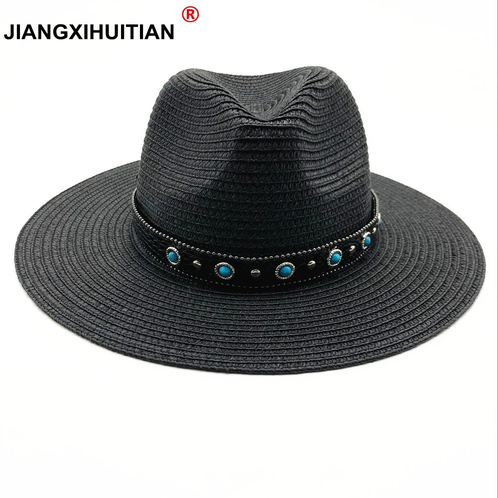 

new Summer British gem Belt beading flat brimmed straw hat Shading sun hat Lady fashion beach hat men Jazz hat