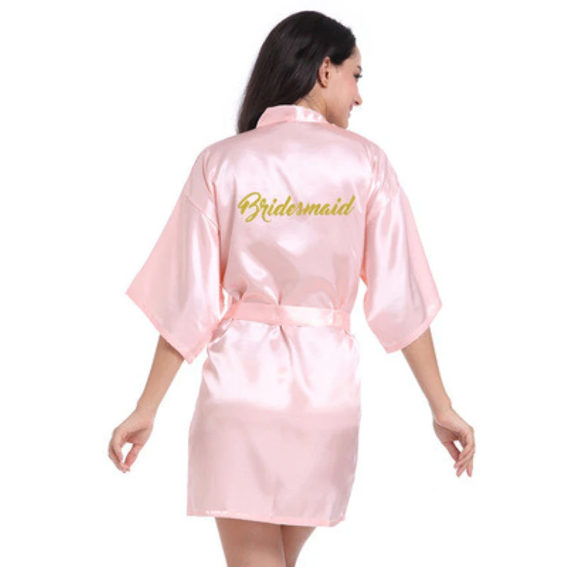 Wholesale Bridesmaid Letter Gold Glitter Women Solid Satin Kimono Robes For Wedding Party Birthday Bathrobes Sleepwear T3